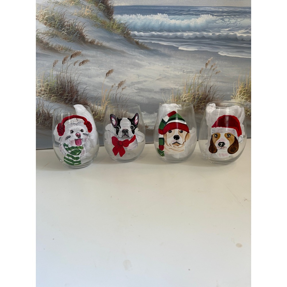 Pier 1 Imports Christmas Dog Stemless Wine Glasses Set of 4 19oz Holiday Puppy